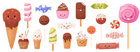 Kawaii sweets isolated characters. Ice cream, lollipops and candies with cute emotional faces. Childish mascots, funny snugly food vector icons of cute dessert kawaii chocolate illustrationのイラスト素材