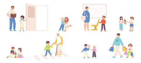 Good manners and polite kids. Cute good children in different situations in public transport and on street. Helping toddlers snugly vector scenes child polite cartoon illustrationのイラスト素材