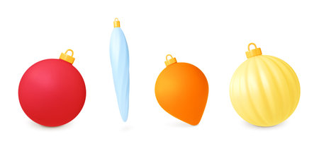 Christmas tree 3d balls, render toys for new year fir tree. Isolated ball, holidays decoration elements. Vector reslistic design. Illustration of christmas festiveのイラスト素材