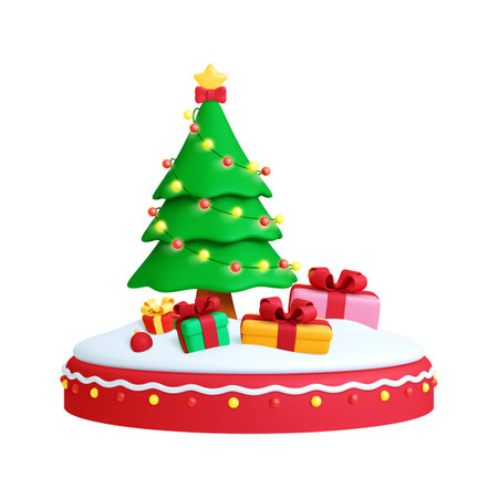 Decorative 3d composition with Christmas tree, gift boxes on snowy podium. Holiday render element, bright garlands and lamps. New Year vector scene. Illustration of year presentのイラスト素材
