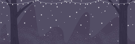 Winter forest banner with garlands. Snowfall decorative background, tree silhouettes and lights. Christmas, new year time, valentines day seasonal vector poster banner christmas snow illustrationのイラスト素材