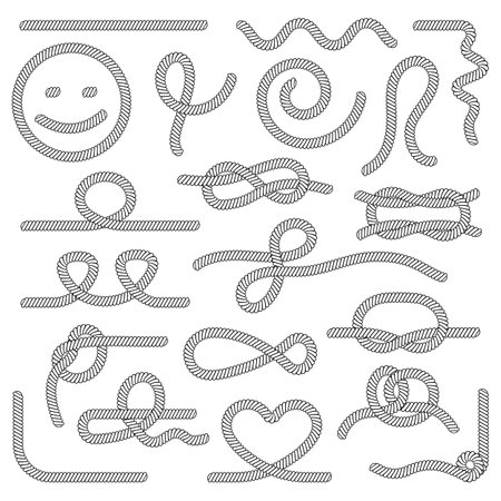 Marine ropes collection. Nautical rope and knots, sea or ocean adventures elements. Decorative brushes, abstract decent vector graphic borders of nautical knot illustrationのイラスト素材