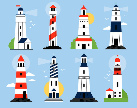 Flat cartoon lighthouse. Traditional lighthouses, clouds and birds flock isolated on blue background. Ocean safety symbols, coastline buildings decent vector set of lighthouse or landmark illustrationのイラスト素材