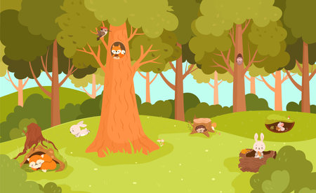 Forest meadow with animal in holes. Woodland animals in burrows sleep and eat. Cute squirrel and woodpecker, sleeping fox, nowaday vector landscape of meadow forest with animal illustrationのイラスト素材