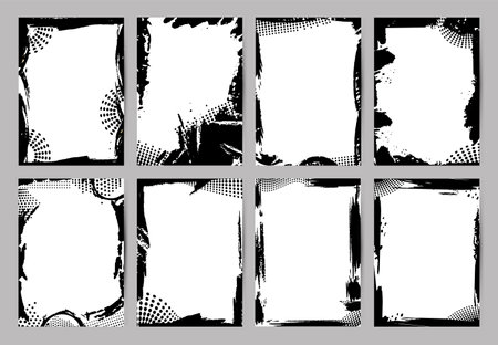 Abstract grunge posters with ink strokes and halftone dots effect. Brush dirty stroke, decorative template cover or banners, neoteric vector set of grunge black pattern template illustrationのイラスト素材