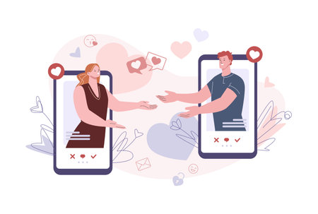Couple in love on smartphone screen. Mobile dating concept, digital male female characters talking, modern relationship kicky vector scene of couple dating love illustrationのイラスト素材