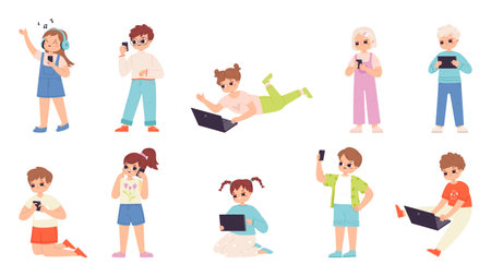 Kids with gadgets, playing and studying. Cartoon children using tablets, smartphones and laptops. Child digital addiction, snugly vector characters with gadget or device for kids illustrationのイラスト素材