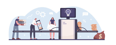 People working together, business deal and ideas converter. Brainstorm and teamwork metaphor, creativity and investments kicky vector scene of business team illustrationのイラスト素材