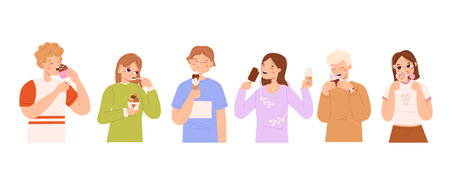 People eat desserts. Young adults eating sweet dessert, ice creams in waffle cones, popsicles and in cup. Enjoying person with food snugly vector set of person sweet snack illustrationのイラスト素材