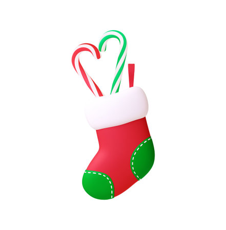 Christmas sock and sweets, 3d holiday design. Isolated gift boot, New Year home decorative element and striped candies, render vector objects. Illustration of holiday christmas sockのイラスト素材