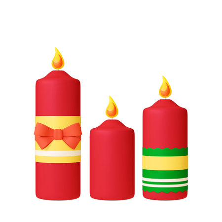 Holiday red candles 3d design. Decorative Christmas decor for home, candle with bow and ribbons. Isolated realistic render vector elements of realistic candle design illustrationのイラスト素材