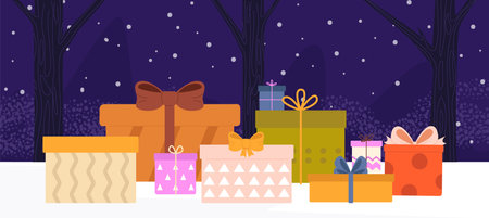 Gift concept. Christmas, valentines day presents boxes with bows on snowy landscape. Decorative gifting elements, vector cartoon holiday banner of christmas gift present illustrationのイラスト素材