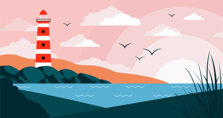 Lighthouse flat landscape. Lighthouse on coastline, clouds and flying bird flock. Beacon sea or ocean in stones, safety symbol decent vector background of lighthouse coastline illustrationのイラスト素材
