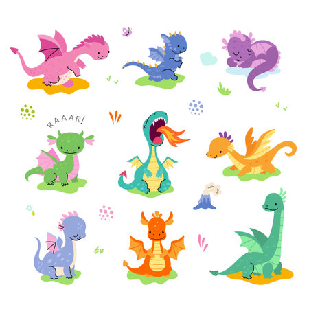 Cartoon cute dragon. Isolated funny dragons characters. Mythical animals with fire flame and wings. Little dinosaurs, nowaday childish vector set of dragon character isolated illustrationのイラスト素材