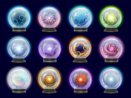 Magic crystal balls kit. Energy spheres, mystery fortune elements. Realistic 3d powers crystals, glass ball with various energies, pithy vector set of magic ball icon illustrationのイラスト素材