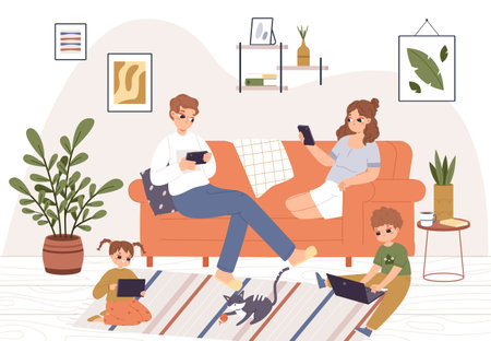Family using gadgets at home. Evening in living room, adults and kids social media and internet addiction. People chatting and studying snugly vector scene of family home illustrationのイラスト素材