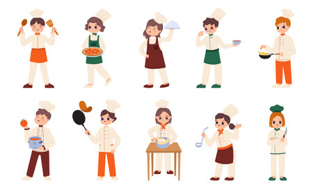 Kids cooking in white chef uniform with kitchen tools. Children chefs characters, cartoon kitchen workshop toddlers. Snugly restaurant vector set of cooking at kitchen illustrationのイラスト素材