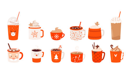 Christmas drinks in mugs. Warm cacao, hot latte with marshmallow. Holiday winter drink mug, sweet chocolate with cookies snugly vector set of cup drink cacao or chocolate illustrationのイラスト素材