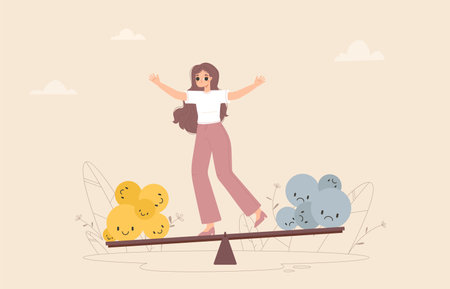 Person mood balance. Young female balanced on board between good and bad emotions. Mental health and emotional control. Snugly feelings vector scene. Illustration of balance female moodのイラスト素材
