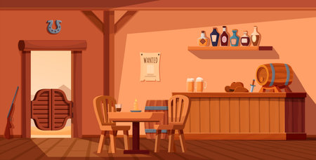 Saloon interior. Wild west pub, western bar with wooden furniture, rum bottles, west style doors. Cowboy sheriff hat on counter, gun and knife, sapid vector empty scene original artworkのイラスト素材