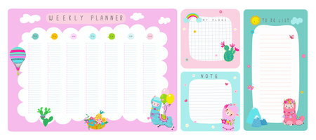 Llama weekly planners, kids daily timetables. Child diary and week schedule design. Cute alpaca, rainbow and hot air balloon, nowaday vector notes pages daily planner timetable illustrationのイラスト素材
