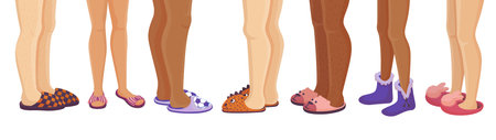 Legs in cozy slippers. Pajamas elements, feets at home wear loafers. Funny fluffy slipper for human. Cartoon comfort house accessories neoteric vector banner. Illustration of cozy warm slippersのイラスト素材