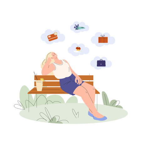 Female dream in park. Flat cartoon woman on bench think about money, gift and flowers, sweet cake and new bag. Dreams vector concept. Illustration of character woman on benchのイラスト素材