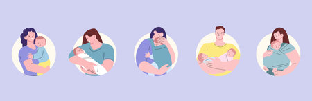 Happy young parents avatars. Woman and man hold and hug newborn babies. Cute mother and father with infant vector portraits of woman avatar parenting illustrationのイラスト素材