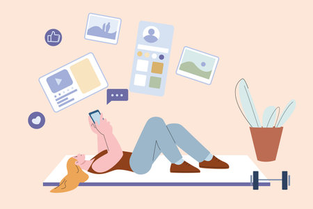 Lazy girl use smartphone. Surfing Internet of exercising. Woman distracted and procrastinating. Young female vector character chatting lying on rug. Illustration of girl lazy and rest with smartphoneのイラスト素材