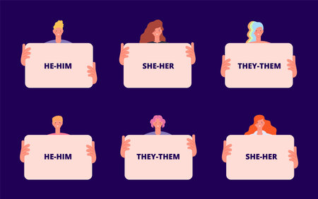 People id pronoun, gender millennials self identifications. Non binary person, different genders. Transgender characters rights, various human vector group of people she and her iillustrationのイラスト素材