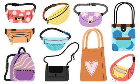 Modern fashion funny bag. Women purse, ladies handbag and backpack. Waist bags for girls, stylish accessories model. Decent vector trendy elements. Illustration of female handbag and purseのイラスト素材