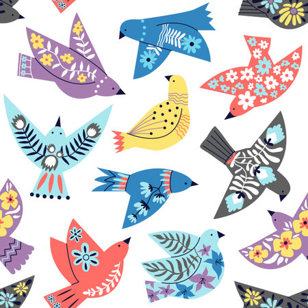 Birds  pattern. Ethnic folk abstract flying bird wallpaper. Decorative flat dove or seagull,...