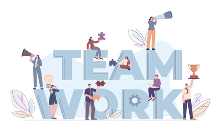 Business people build collaboration, teamwork concept. Teamworking scene, corporate or study partnership. Kicky vector office characters cooperation of business teamwork illustrationのイラスト素材