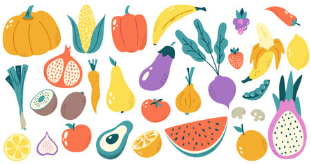 Hand drawn fruits and vegetables. Colorful health isolated vegetable, fruit mango apricot and watermelon. Doodle organic product snugly vector clipart of health food fresh illustrationのイラスト素材