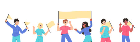 Cartoon happy teenagers holding banners and flags. Teens celebrating, demonstration or festival characters. Cute flat boys and girls young adults crowd. Illustration of teenager holding posterのイラスト素材