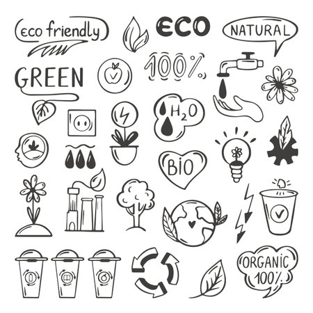 Eco doodle set. Ecology energy and electricity doodles. Environmental saving sketch elements. Green and recycle, neoteric bio nature vector hand drawn clipart of electricity and eco illustrationのイラスト素材