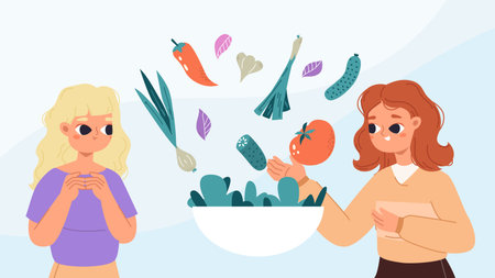 Fresh salad, healthy food and diet lifestyle. Young girls and vegetables, proper nutrition consulting. Cartoon vector characters choose vegan dish. Illustration of diet food for healthのイラスト素材