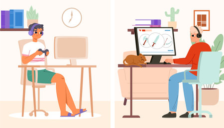 Gamers battle from homes. Teens game addiction, boys play computers in headphones. Young male gamer, geek with cat, vector cartoon characters of gamer in battle game at home illustrationのイラスト素材