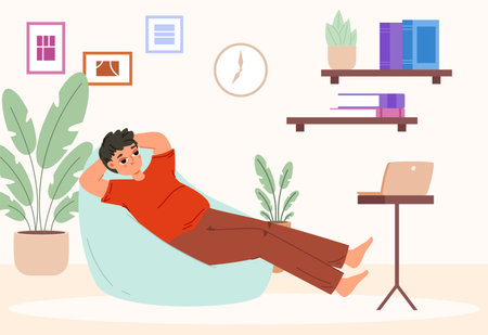 Man in depression, tired teenager watch show on laptop at home. Lazy young male character, sad person in stress. Escape from reality, vector concept of man watch laptop illustrationのイラスト素材