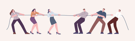 Man vs woman concept. Pulling rope female and male business team. Office workers competition,...