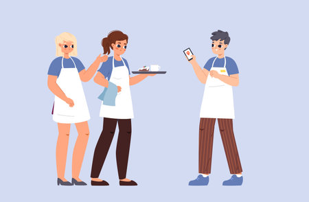Waiters girls and cafe manager. Students work in restaurant or bar, teenager part time job. Food service, canteen workers. Cartoon vector young characters of manager and waiter illustration in cafeのイラスト素材