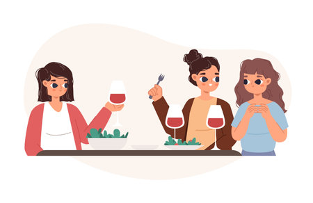 Young women drink wine, eat and talking. Evening friends meeting, lunch or colleagues dinner. Female friendship, adults rest in cafe vector scene of drink and smiling together illustrationのイラスト素材