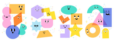 Various geometric compositions, cute emotional faces geometry basic shapes. Abstract colorful design with eyes, decorative snugly vector artwork. Illustration of geometric contemporary, geometry artのイラスト素材