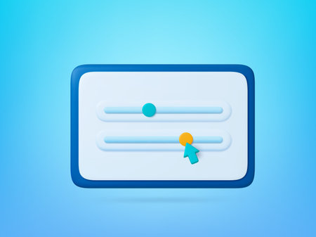 Sound equalizer on screen, 3d tablet or monitor. Arrow moves indicators, louder or quieter. Color or music intensity panel, vector bar element. Illustration of sound and audio equalizer screenのイラスト素材