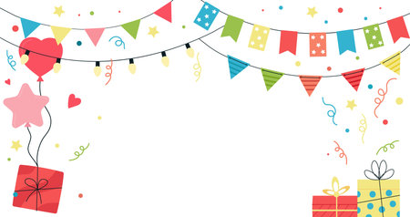 Party garlands banner, kids carnaval welcome poster. Fiesta festive flags bunting, confetti and gift on balloons. Decent anniversary, birthday vector background of party banner illustrationのイラスト素材