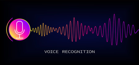 Voice recognition digital audio concept. Speech and sound technologies, speaking analytics and recording. Music wave decent vector concept of voice recognition illustrationのイラスト素材