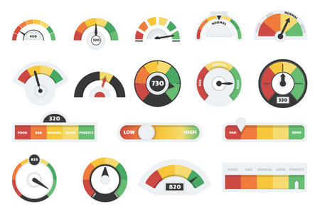 Speedometers and credit indicators. Speed chart, feedback or customer satisfaction meter. Mood...