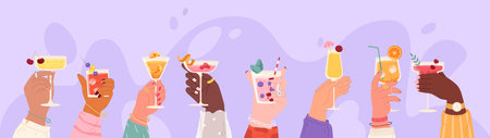 Friends hands holding cocktails. Mojito and margarita, cheers banner. Summer pool drink party, glass on wine and cocktail, snugly vector concept. Illustration of cocktail bar mojitoのイラスト素材