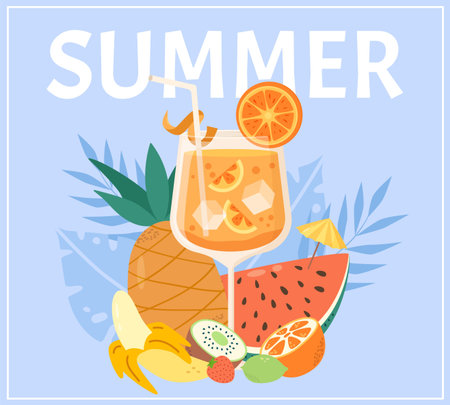 Summer cocktail printable card, glass cocktail and tropical fruits. Holiday pool or beach bar party,...