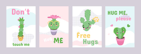 Hug me cards. Free hugs, sweet cactus characters love printable posters. Funny cacti covers design, cartoon plants and text, nowaday vector banners of love card greeting, banner romantic illustrationのイラスト素材